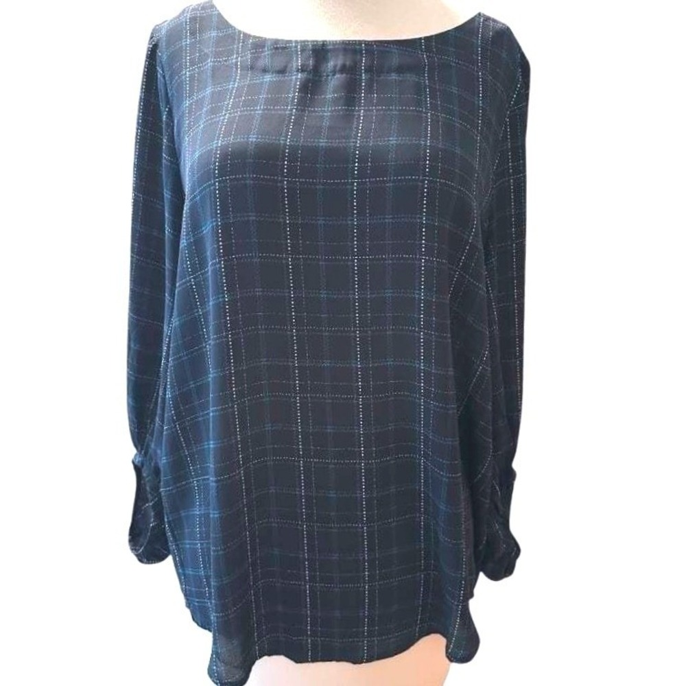 Ann Taylor LOFT Blouse Blue Tartan‎ Plaid Boat Neck Long Sleeve Dark Academia M